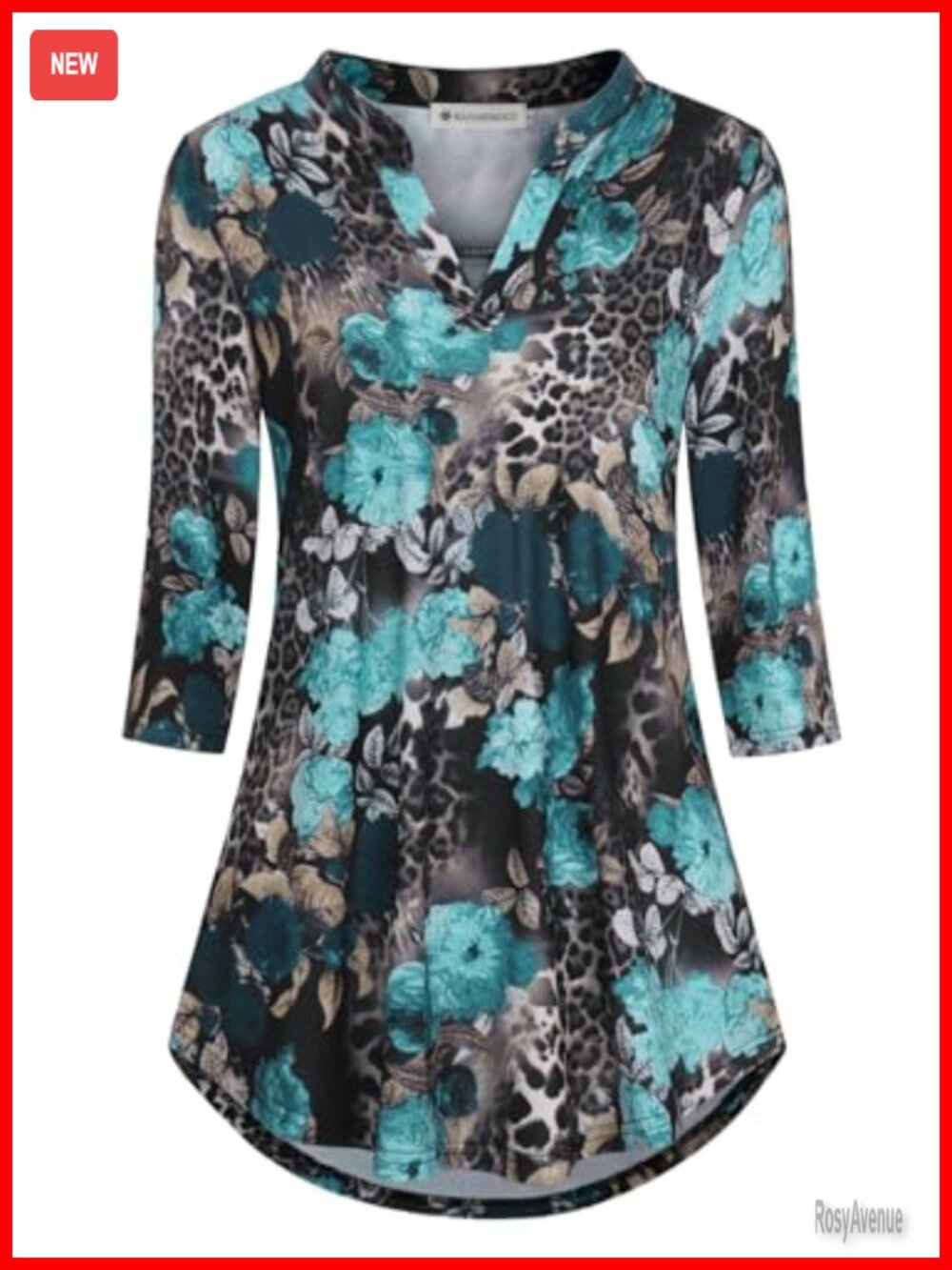 Tunic Top 3/4 Sleeve V Neck Floral Work Blouse Loose Fit Going Out